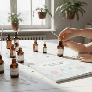 Perfume creation workshop table with bottles, pipettes, and scent strips, illustrating the transmission of olfactory knowledge.