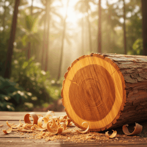 Sliced sandalwood log showing its fragrant heartwood, with wood chips in the foreground