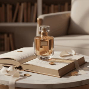 Eleganter Parfümflakon auf einem Buch, der die schönsten Zitate über Parfüm illustriert.