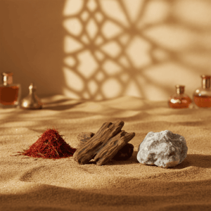 Oriental olfactory composition with oud wood, saffron, and ambergris on a background of golden sand.