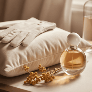 White suede glove and immortelle flowers, illustrating the powdered softness of the Cuir Beluga perfume by Guerlain.