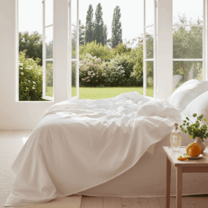 Guerlain Eau de Lit bottle placed near an open window with white sheets, evoking freshness and cleanliness.