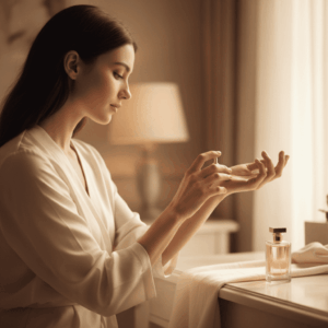 Elegant woman applying perfume to her neck in soft light, illustrating the ideal pulse points for fragrance application