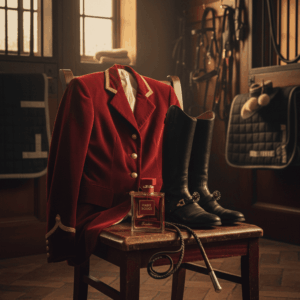 Habit Rouge bottle staged with a red riding jacket, leather boots, and a riding crop, evoking the equestrian world.