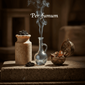 Historical still life illustrating the evolution of perfume: Egyptian alabaster jar, Roman vial, and medieval pomander surrounded by swirls of incense smoke.