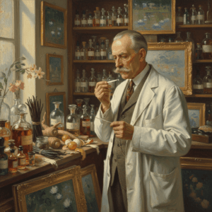Artistic portrait evoking perfumer Jacques Guerlain at work, surrounded by his raw materials and impressionist inspirations.