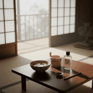 Japanese still life with cherry blossom petals, hinoki wood bucket, and Mitsouko perfume bottle in a Zen setting.