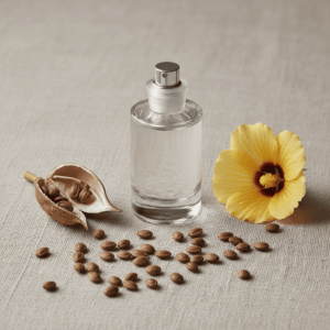 Makrofotografie von Ambrettesamen und einer Blüte des Hibiscus abelmoschus um einen Flakon, die den natürlichen pflanzlichen Moschus in der Parfümerie illustriert.