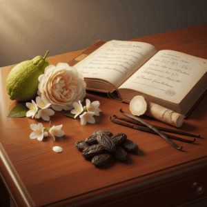 Artistic composition of Guerlain's 6 signature materials: Bergamot, Rose, Jasmine, Tonka, Iris, and Vanilla, around an antique formula book.