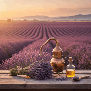 Flowering lavender fields in Provence with essential oil bottle and still, illustrating the harvest of blue gold.