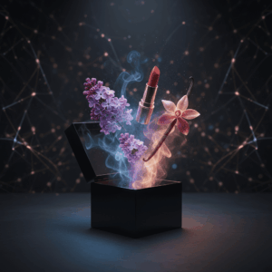 Künstlerische Fotografie einer halb geöffneten schwarzen Schachtel, die Fliederblüten und Vanille freigibt, symbolisiert die Verbindung zwischen Parfüm und emotionalem Gedächtnis.