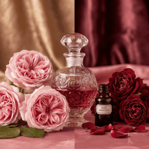 Fresh Grasse roses and dried Damask roses, illustrating the richness of the queen of flowers in perfumery.