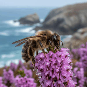 Großaufnahme einer Schwarzen Biene von Ouessant, die eine Heidekrautblüte sammelt, mit dem Ozean im Hintergrund.