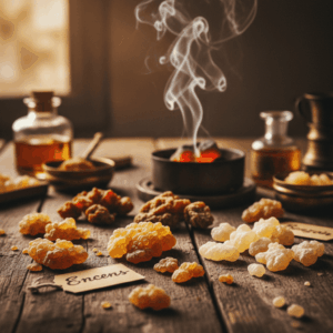 Sammlung natürlicher Harze (Weihrauchtränen, Myrrhe und Benzoe) mit Weihrauchrauch, zur Illustration der balsamischen Noten in der Parfümerie.