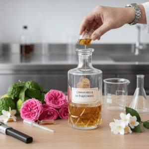 Flakons mit ätherischen Ölen und Rohstoffen (Bergamotte, Rose), die die Technik der Communelle illustrieren, um die Qualität eines Parfums zu garantieren.