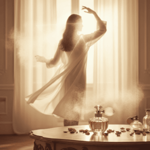 Frau, die ihr Parfüm nach der Dreiecks- und Wolkentechnik für eine perfekte Sillage aufträgt.