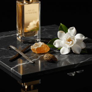 Artistic composition of noble raw materials (Vanilla, Myrrh, Tonka, Gardenia) illustrating Guerlain's L'Art et La Matière collection.