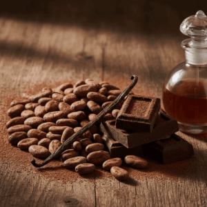 Cocoa beans, dark chocolate squares, and vanilla bean, illustrating the gourmand cocoa note in perfumery.