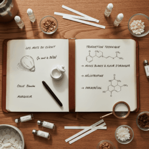 Konzeptfotografie eines Parfümeur-Notizbuchs, das Kundenbegriffe wie „Babygeruch“ oder „weißer Klebstoff“ in technische Inhaltsstoffe wie „Moschus“ und „Heliotropin“ übersetzt.