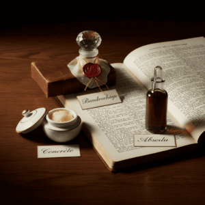 Still life illustrating technical perfumery vocabulary: concrete pot, absolute vial, and bottle with baudruchage and wax seal.
