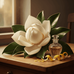 Gros plan sur une fleur de magnolia blanc crème et une fiole d'essence sur un orgue à parfum, illustrant la note florale et fraîche utilisée en parfumerie.