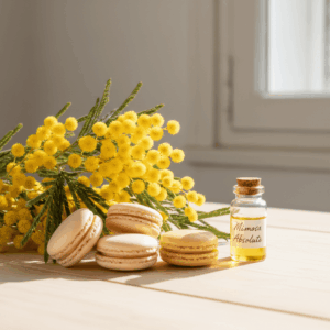 Fleurs de mimosa jaunes et macarons, illustrant la note florale poudrée et gourmande en parfumerie.
