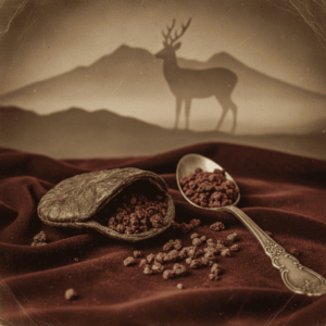 Antique musk pod and Tonkin musk grains, illustrating historical animal notes in perfumery.