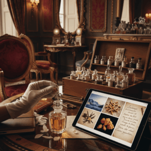 Sitzung zur Kreation eines maßgeschneiderten Parfums mit Parfümorgel, Inspirationsbildern und Baccarat-Kristallflakon.