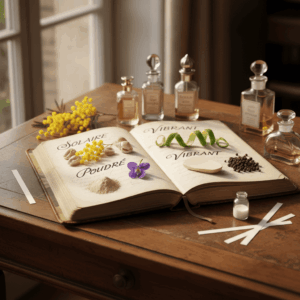 Stillleben-Fotografie eines offenen Notizbuchs mit kalligraphierten olfaktorischen Adjektiven (solar, pudrig), umgeben von entsprechenden Rohstoffen und Flakons.