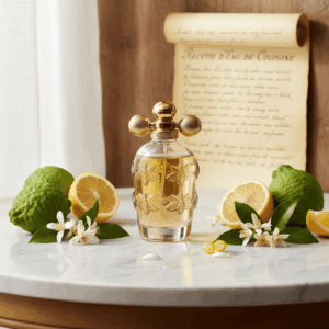Bee bottle and fresh citrus fruits, illustrating the history and composition of Eau de Cologne in perfumery.