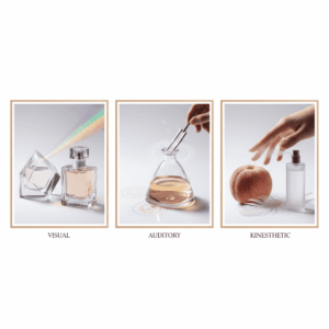Künstlerisches Triptychon, das die Sinneskanäle illustriert: ein Prisma (visuell), eine Stimmgabel (auditiv) und eine Samttextur (kinästhetisch) in Verbindung mit Parfüm.