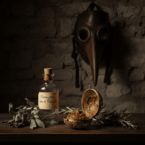 Historical still life showing aromatherapy remedies against the plague: a golden pomander, a vial of Four Thieves Vinegar, and a plague doctor's mask in the background.