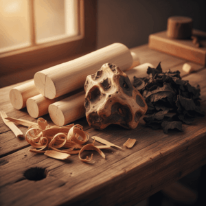 Composition of sandalwood, cedar shavings, and oud wood, illustrating the richness of woody notes in perfumery.