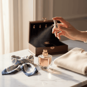 Woman spraying perfume on her wrist in front of a vanity with a crystal bottle and silk scarf, illustrating application tips.