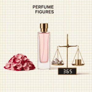 Grafische Komposition mit Waage, Rosenblütenblättern und Flakon, die Statistiken und Erträge der Parfümerie illustriert.