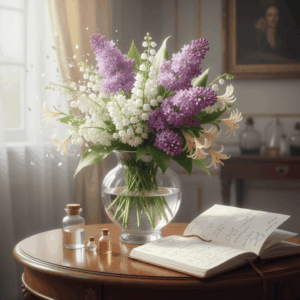 Bouquet of silent flowers (lily of the valley, lilac) with chemical formulas, illustrating the need to reconstitute their perfume in the laboratory.