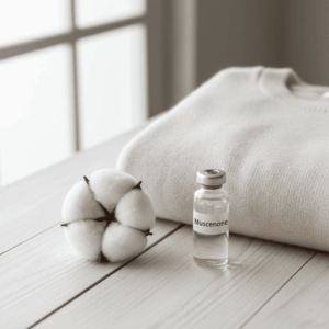 Cotton flower and cashmere with laboratory vial, illustrating the clean and fluffy note of white musks in perfumery.