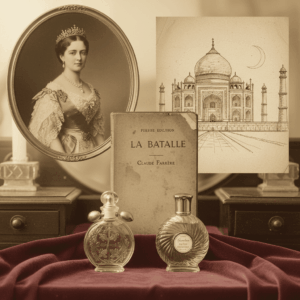 Historical collage showing Empress Eugénie, the book La Bataille, and iconic Guerlain bottles, illustrating the House's muses.