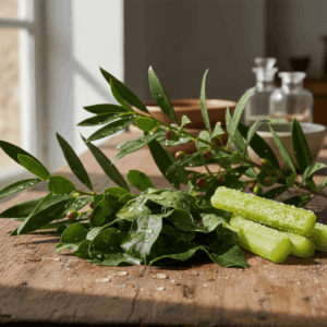 Komposition aus Galbanumblättern, Mastix und Engelwurz, die pflanzliche Frische in der Parfümerie illustriert.