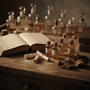 Antique formula book and laboratory vials containing the lost perfumes of Guerlain like Pao Rosa.
