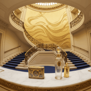 Interieur der Guerlain-Boutique mit monumentaler Treppe, goldenem Mosaik und Bienenflakon auf dem Marmortresen.
