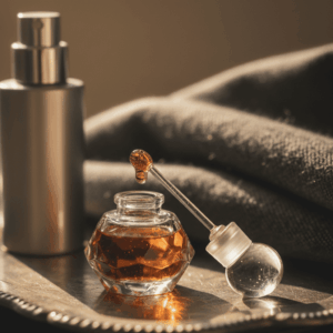 Großaufnahme eines geöffneten Extrait de Parfum Flakons mit Kristallverschluss und einem Tropfen dichter bernsteinfarbener Flüssigkeit, die die Konzentration und das Anwendungsritual illustriert.