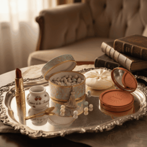 Composition of historic Guerlain beauty products: Météorites box, Terracotta powder, and vintage cream jar on a mirrored tray.