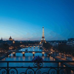 L'Heure Bleue Inverted Heart bottle placed on a Parisian balcony at twilight, illustrating the inspiration of the perfume.