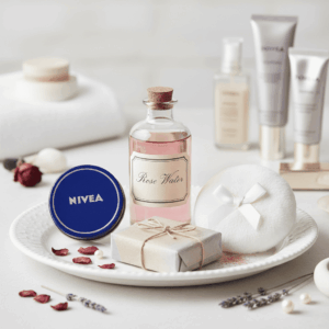 Cosmetic still life with vintage cream jar, rose water, and soap, illustrating the evolution of scenting beauty products.