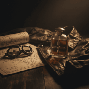 Art Deco Vol de Nuit bottle with propeller motif, placed on an aviator jacket with pilot goggles.