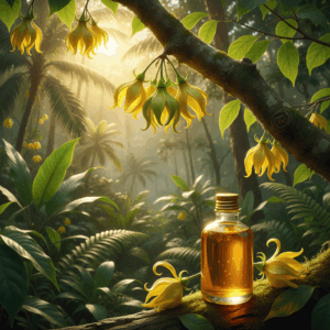 Fleurs d'Ylang-Ylang jaunes sur l'arbre aux Comores avec flacon d'essence, illustrant la note solaire et exotique en parfumerie.