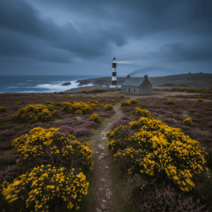 Landscape of Ushant Island with heather moorland, traditional thatched cottage, and the Créac'h lighthouse facing the ocean.