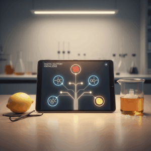 Digitales Tablet mit der ScenTree-Website, umgeben von natürlichen Rohstoffen und Laborgeräten.