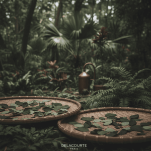 Feuilles de patchouli en train de sécher à l’ombre, illustrant le processus artisanal avant la distillation en parfumerie.